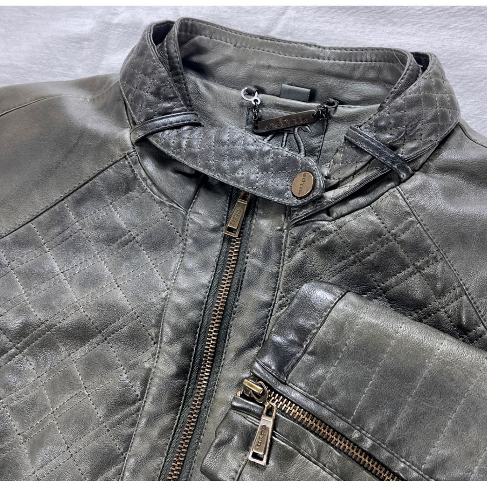 Odyn Womens Olive Green Quilted Faux Leather Moto Biker Jacket - Size S